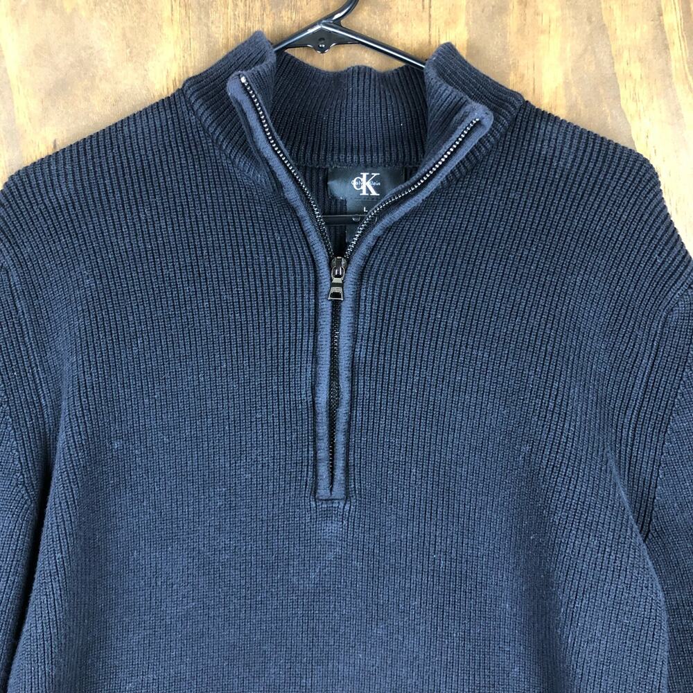 Calvin Klein Mens Sweater Black Knitted 1/4 Zip 100% Cotton Ribbed Large - Picture 2 of 12